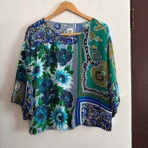 TINY | Anthropologie Ellery Blue Green Mixed Pattern Patchwork Boxy Blouse Small